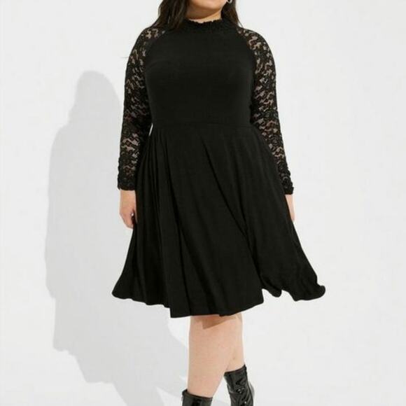 NWT Torrid Black Super Soft Lace Sleeve Skater Dress - Picture 1 of 9